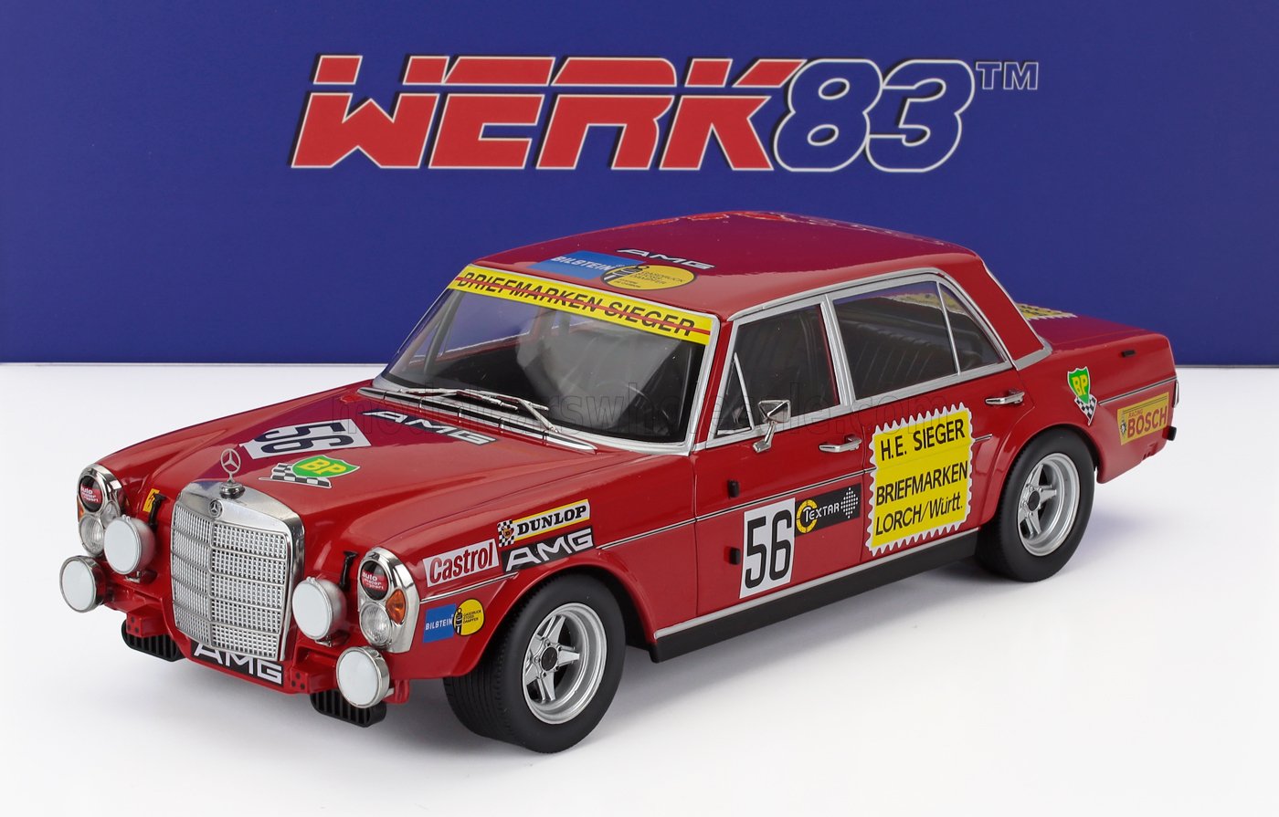 Red vintage Mercedes-Benz AMG race car model with number 56 and sponsor decals, available on Vroomi