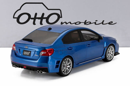Modelo de coche Subaru WRX STI azul con cuatro tubos de escape y detalles deportivos, ofrecido a través de Vroomi.
