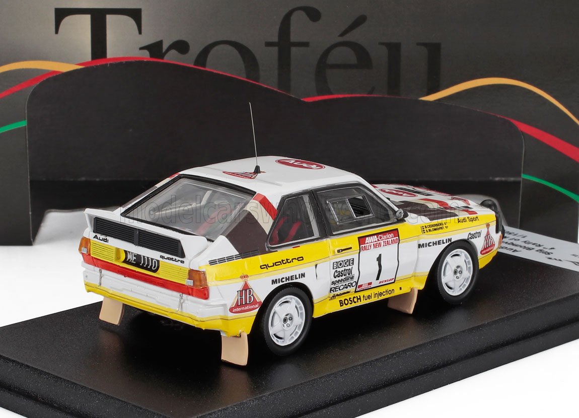 AUDI - QUATTRO SPORT (versión de noche) N 1 4º RALLY NUEVA ZELANDIA 1985 STIG BLOMQVIST - BJORN CEDERBERG - BLANCO AMARILLO GRIS