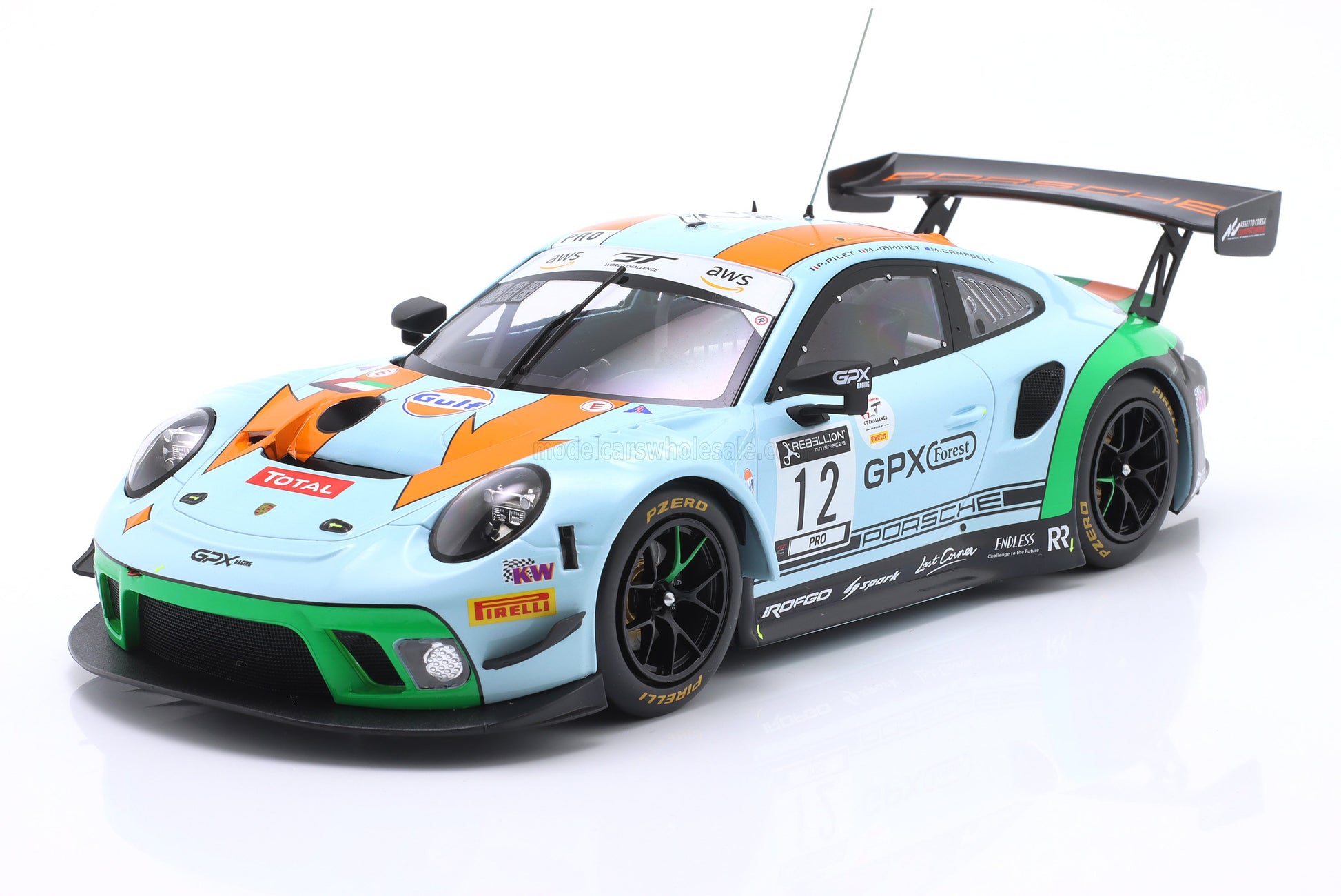 Porsche 911 GT3 race car model with Gulf livery, number 12, available through Vroomi