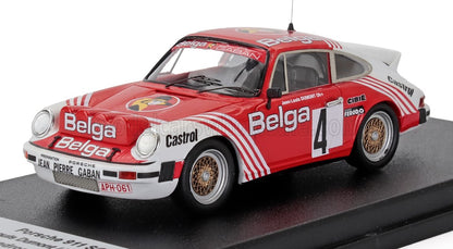 Red and white Belga Porsche 911 SC rally car model #4 with sponsor logos, detailed wheels, on display platform, available on Vroomi