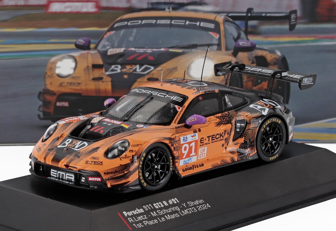 Detailed model of orange Porsche 911 GT3 R race car #91 on display with Le Mans 2024 decals available on Vroomi
