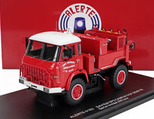 Modelo detallado de camión de bomberos rojo y blanco con el logotipo de Alerté, disponible a través de Vroomi.