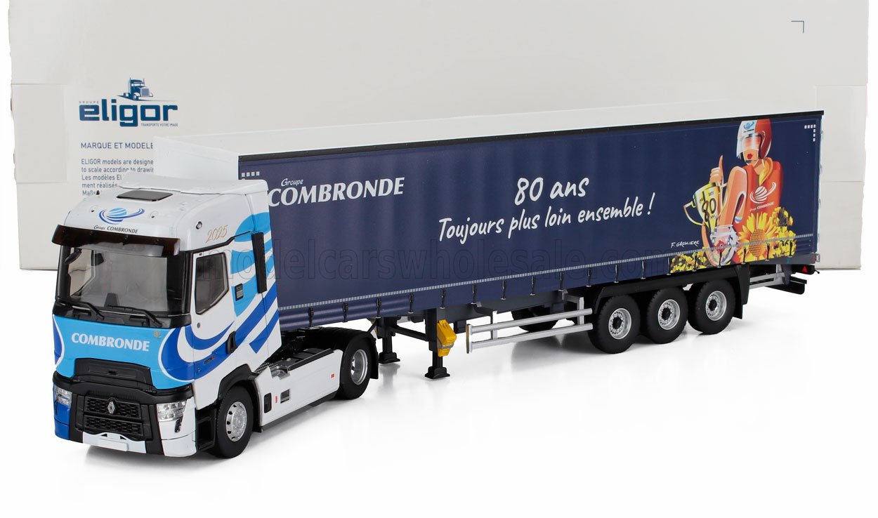 RENAULT - CAMIÓN T-HIGH TELONATO COMBRONDE TRANSPORTS 2025 - 80 AÑOS SIEMPRE MÁS LEJOS JUNTOS - BLANCO AZUL - Vroomi