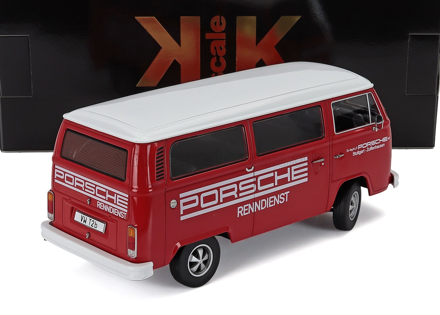 Furgoneta Porsche Rennsport VW T2b a escala 1/18 en rojo y blanco, modelo coleccionable y disponible en línea.