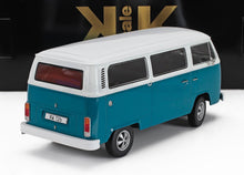 Maqueta a escala de una furgoneta Volkswagen T2b de color verde azulado y blanco con ventanas y ruedas detalladas, disponible en Vroomi.