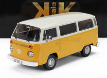 Maqueta a escala de la furgoneta clásica VW T2b amarilla y blanca con detalles realistas, disponible en Vroomi.