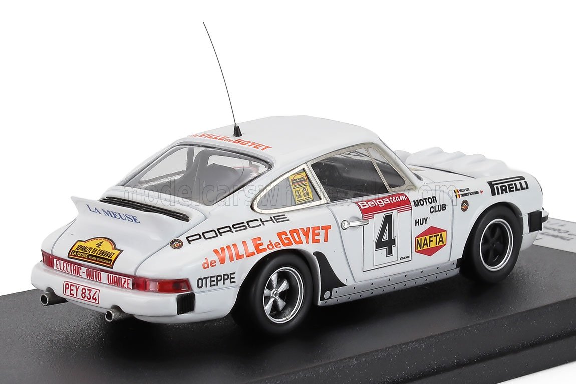 White Porsche rally car scale model with racing decals, available now for collectors on Vroomi.