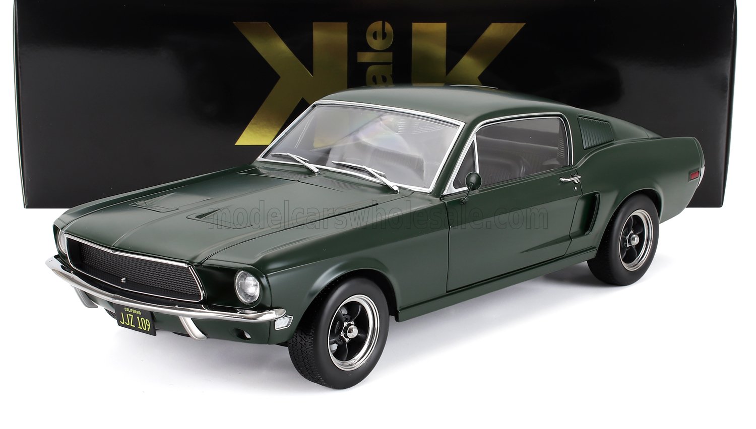 Detailed dark green 1968 Mustang GT collectible model car with black grille and chrome accents, now offered on Vroomi