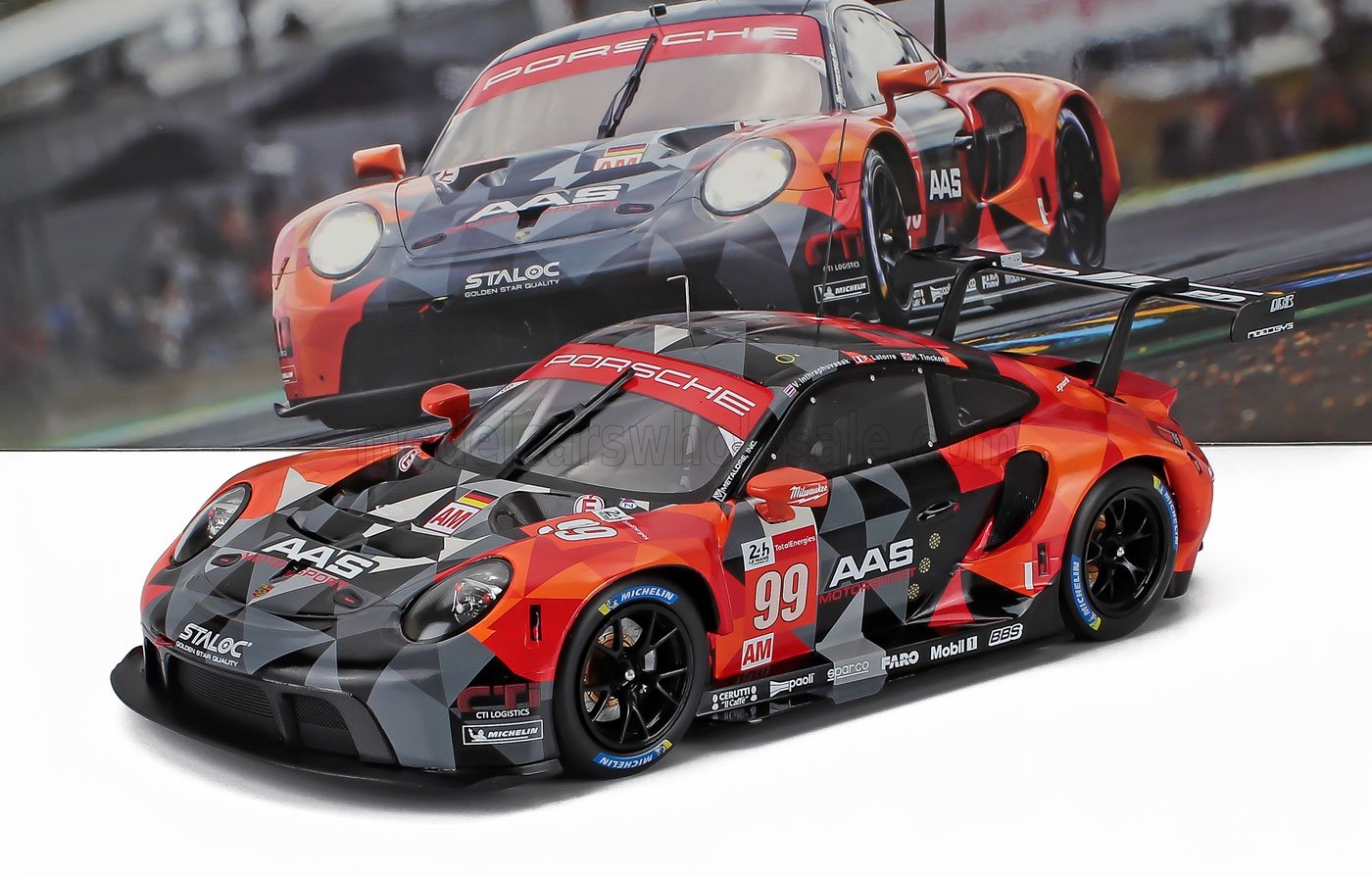 1/18 scale Porsche 911 GT3 racing model car with #99 livery, now available for collectors on Vroomi