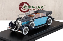Modelo detallado del Mercedes-Benz 290 W18 cabriolet largo de 1934-37 en azul y negro, disponible en Vroomi.