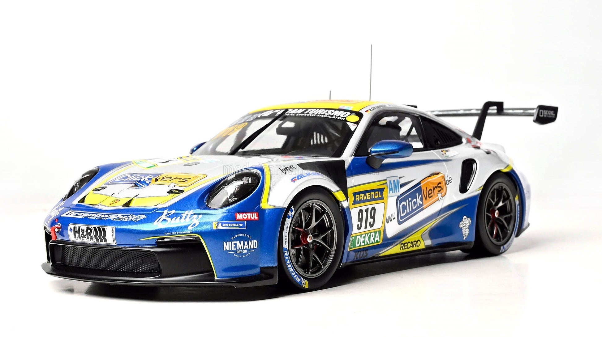 Blue and white Porsche 911 GT3 Cup race car model with sponsor decals, available on Vroomi platform