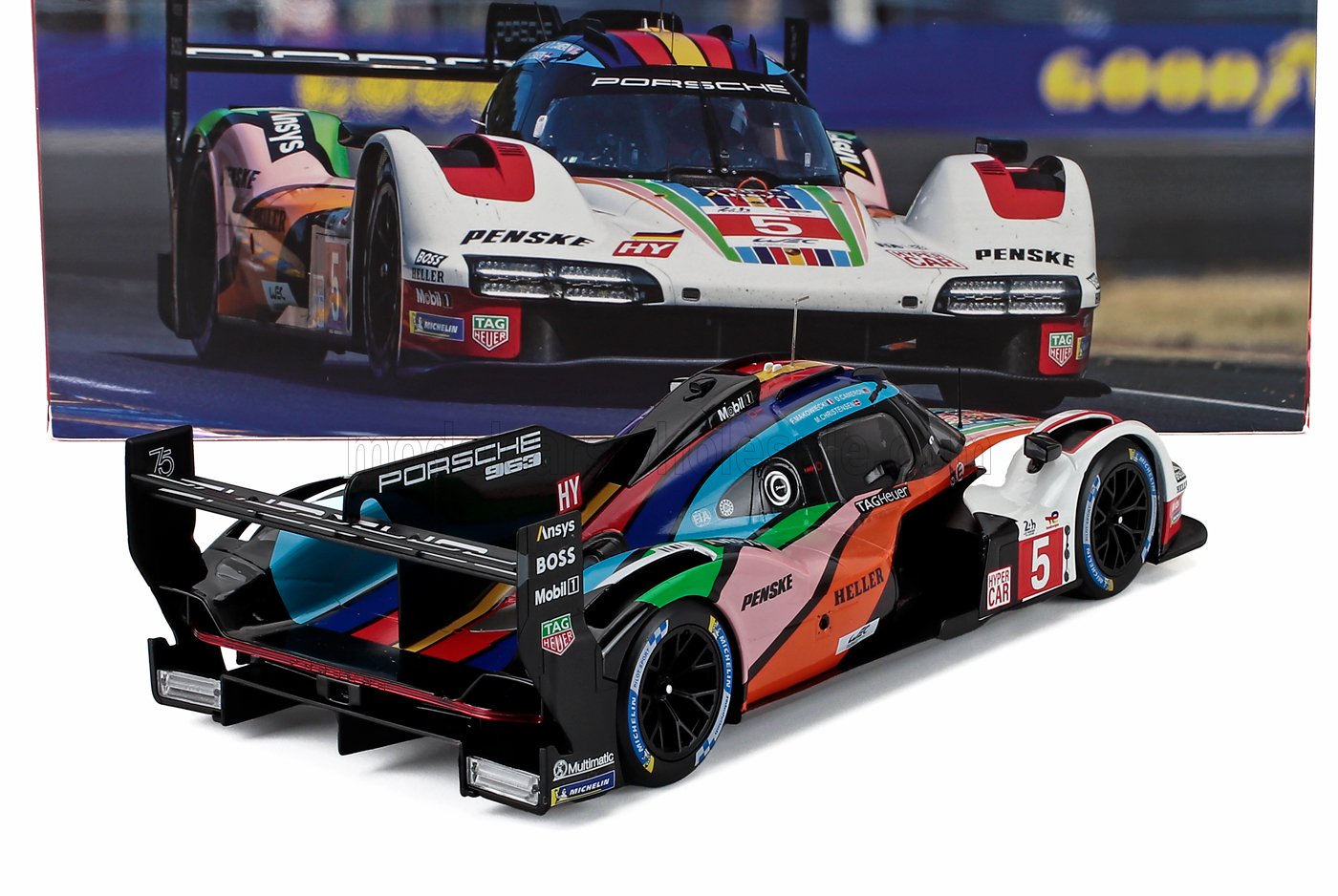 1/18 scale Porsche race car model in multicolor livery, available for collectors on Vroomi