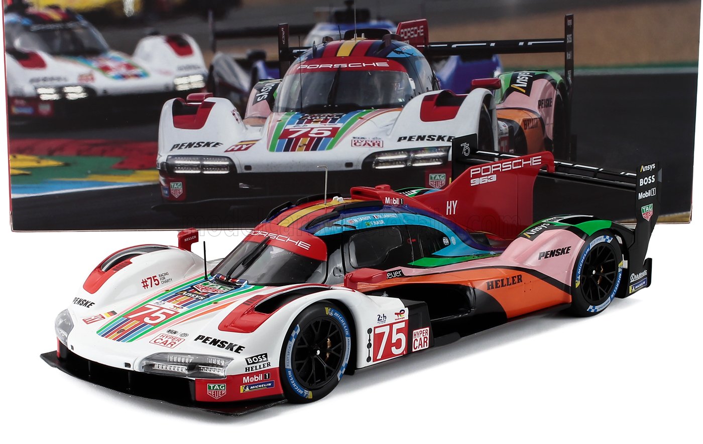 1/18 scale Porsche 963 Le Mans race car model in multicolor livery, collectible, available now