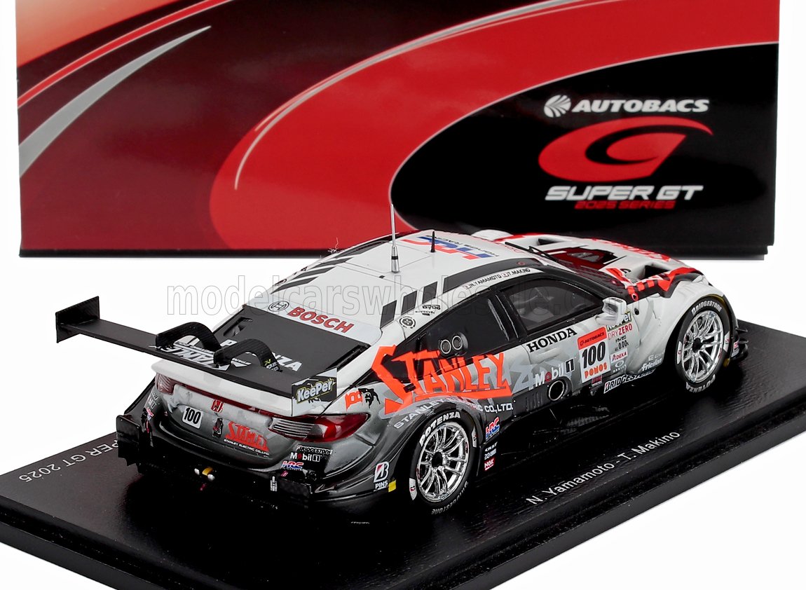 Modelo de coche de carreras Honda Super GT 2025 a escala 1:43, con calcomanías detalladas, disponible en Vroomi.