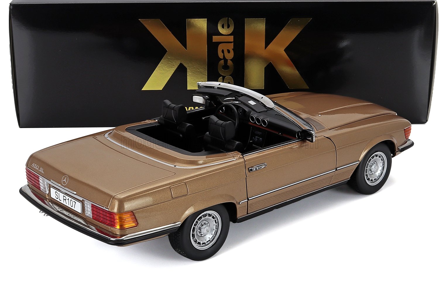 1:18 scale Mercedes-Benz 450 SL model car in gold, available for collectors on Vroomi now