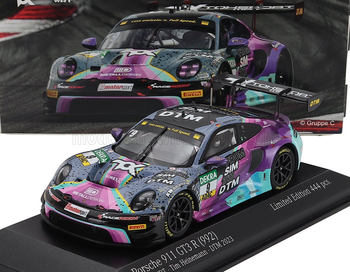 Colorido coche en miniatura Porsche 911 GT3 R, decoración DTM 2023, edición limitada, disponible online.
