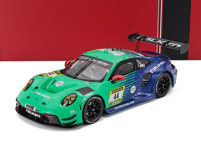 Die-cast Porsche 911 GT3 racing car model, green and blue livery, available for collectors online.