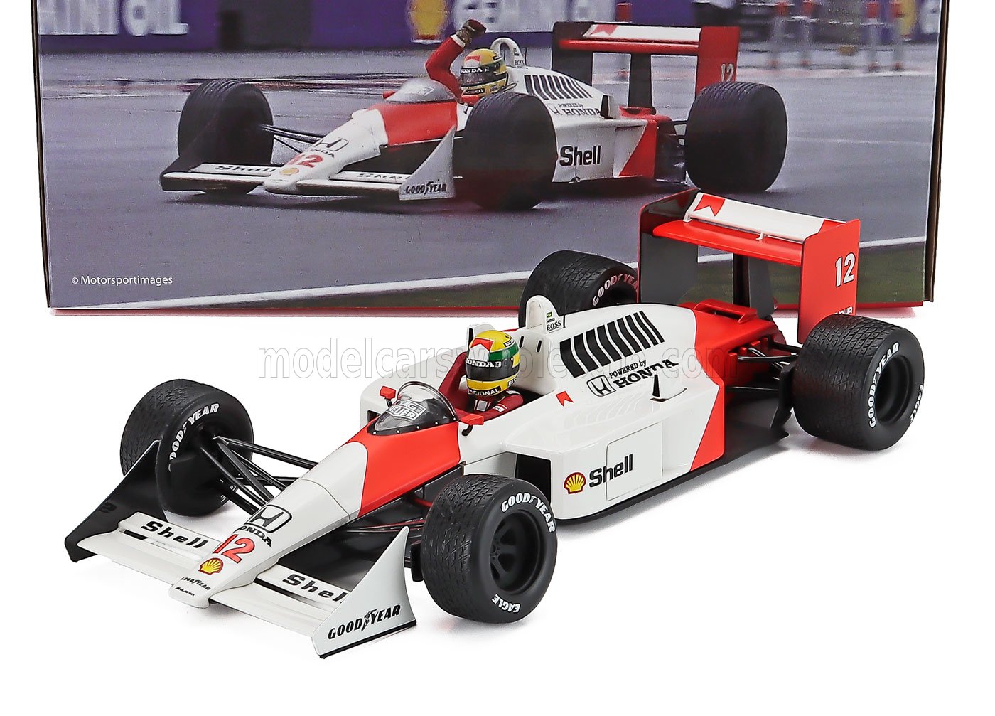 Maqueta de coche McLaren Honda MP4/4 F1 a escala 1/18, Ayrton Senna n.º 12, ya disponible para coleccionistas en Vroomi.
