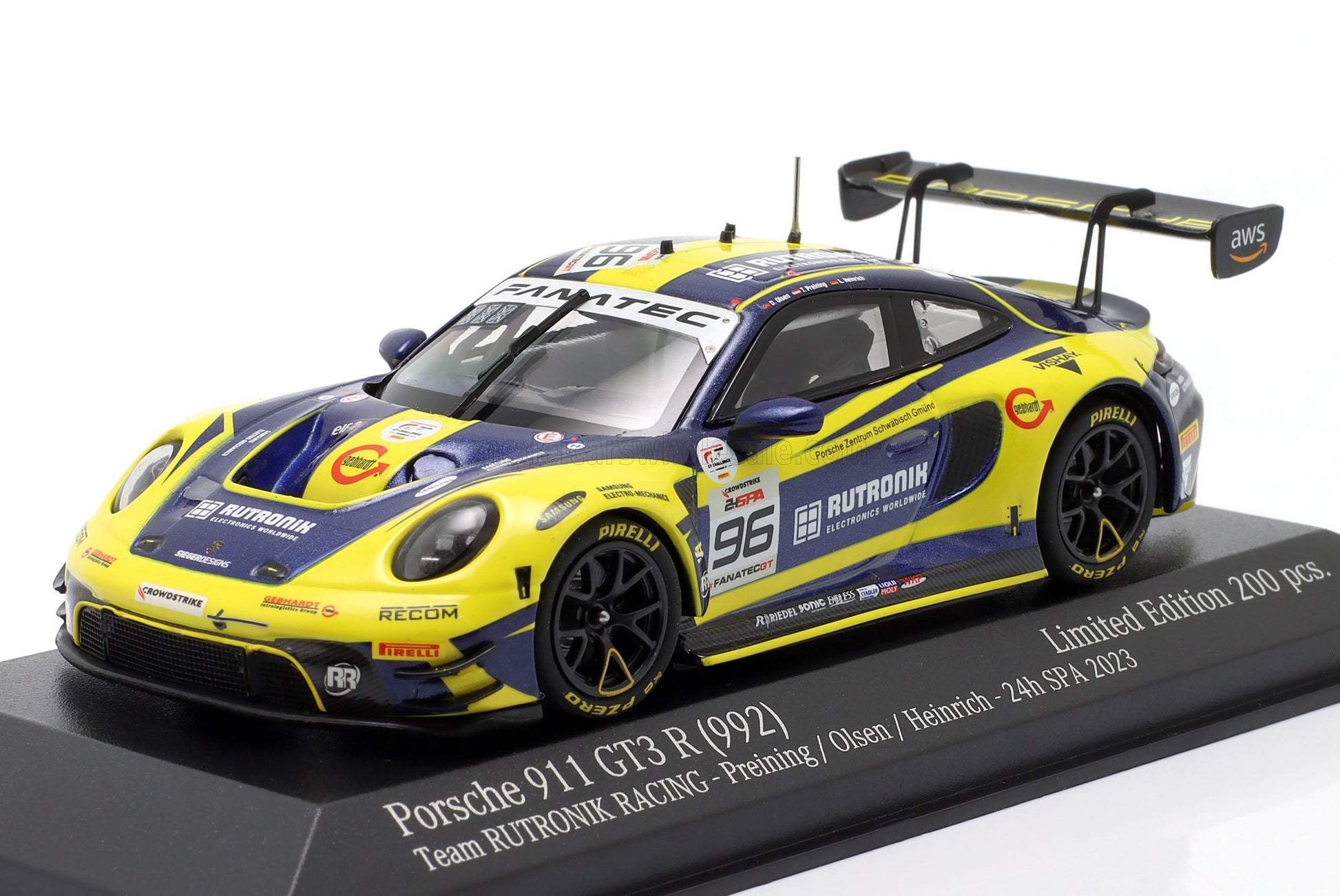 Porsche 911 GT3 R scale model, yellow and blue livery, collectible available at Vroomi