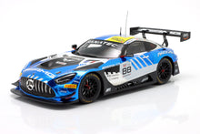 Blue Mercedes-AMG GT3 scale model race car with sponsor decals, offered at Vroomi.