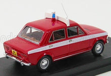 Modelo de coche de policía vintage rojo con franja blanca y luz en el techo, disponible en Vroomi.