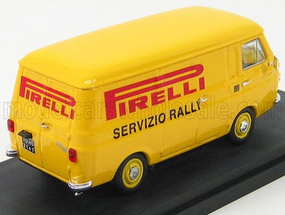Furgoneta vintage amarilla con el logotipo de Pirelli Servizio Rally, disponible a través de Vroomi Vehicles.