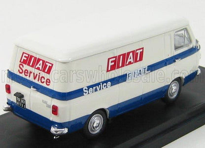 Furgoneta de servicio Fiat vintage blanca y azul con logotipos rojos de Fiat, disponible en Vroomi.