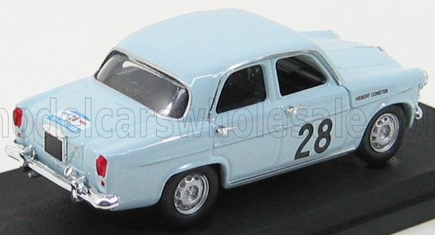 Coche vintage Herbert Cooper de color azul claro con el número 28 en la puerta, expuesto sobre una plataforma negra, disponible en Vroomi.