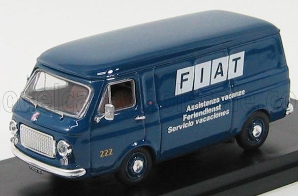 Furgoneta Fiat azul vintage con logotipo blanco y texto «vacation service» (servicio vacacional), presentada en Vroomi.
