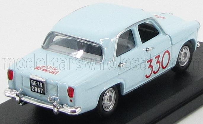 Modelo clásico de coche de carreras azul claro con el número 330 y matrícula negra en exhibición, ofrecido a través de Vroomi.