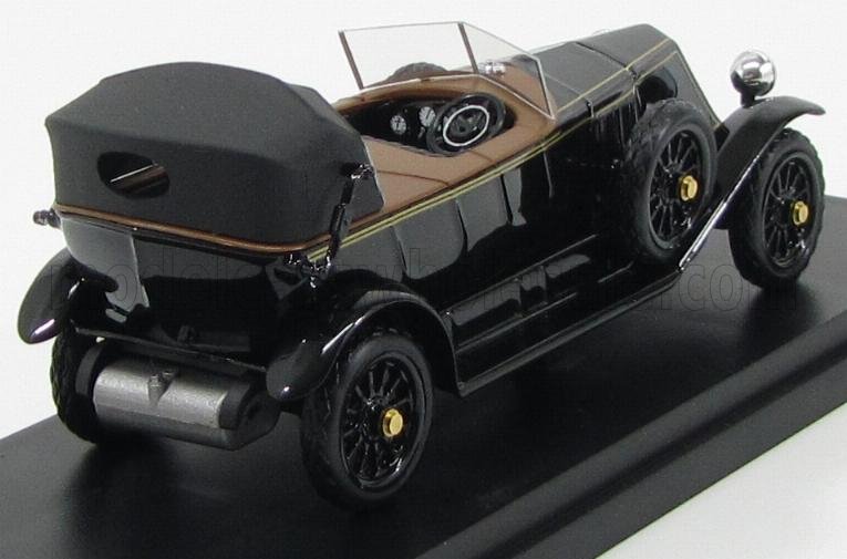 Modelo de coche descapotable vintage negro con interior marrón y capota plegada, disponible en una plataforma similar a Vroomi.