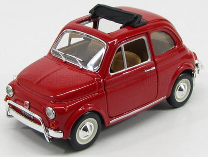 Coche de juguete Fiat 500 rojo vintage con techo descapotable, interior beige, disponible en Vroomi.