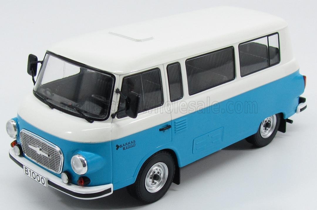 Maqueta de furgoneta Barkas B1000 azul y blanca con exterior detallado, disponible en Vroomi.