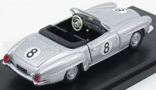 Silver vintage convertible race car model with number 8 decals, detailed interior, shown on display base, available on Vroomi