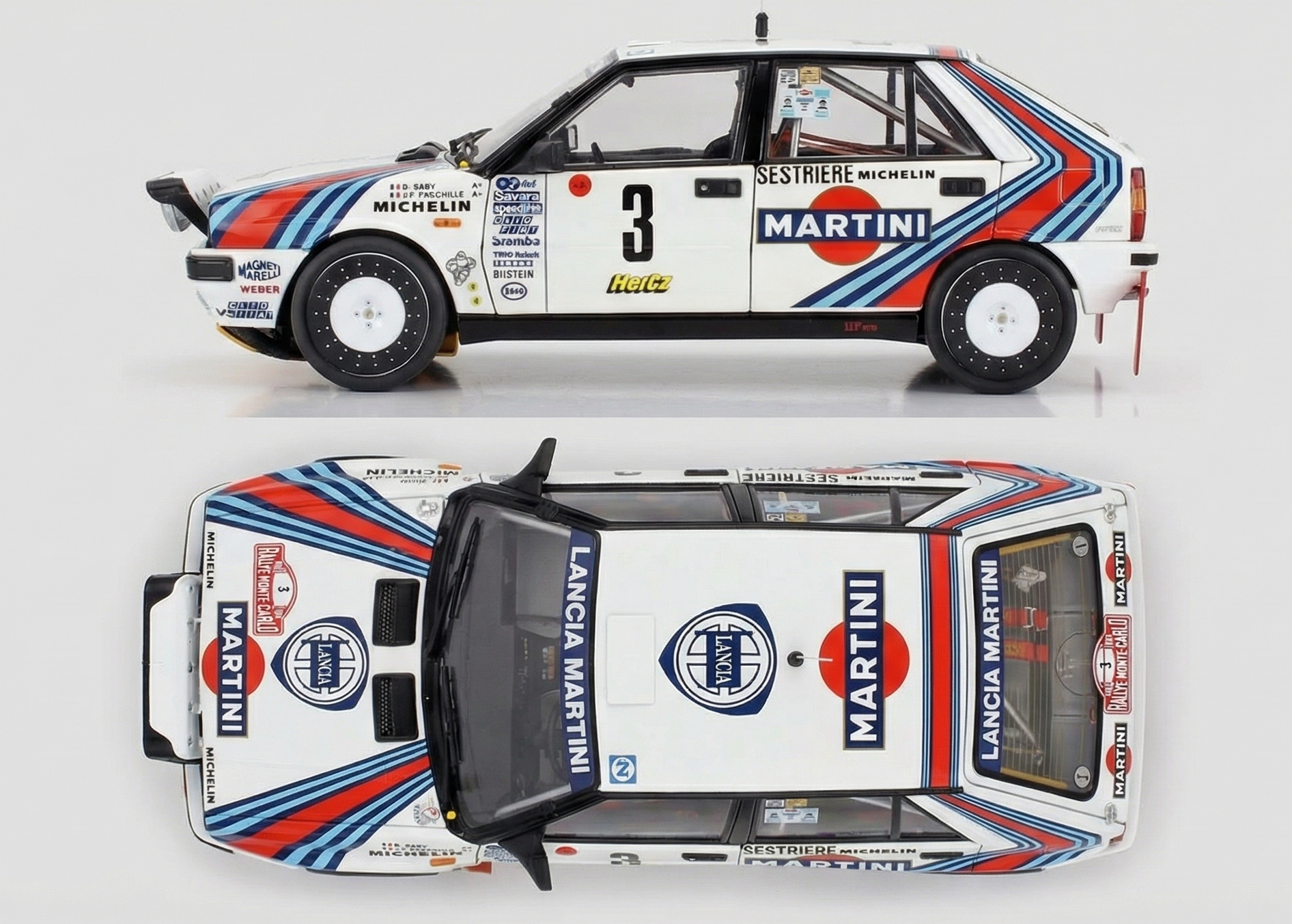 Modelo de coche con la marca Lancia Martini desde diferentes ángulos sobre un fondo blanco.