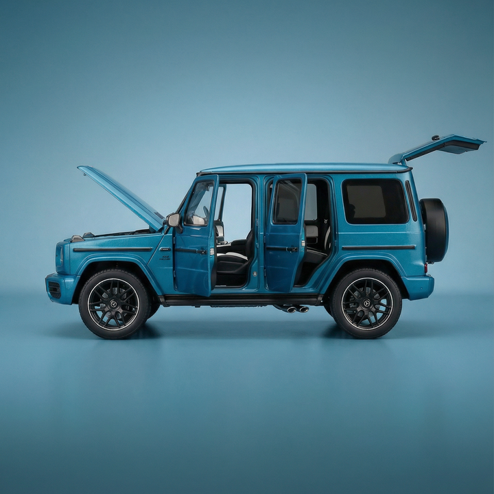 Maqueta azul a escala de un Mercedes Clase G en Vroomi.
