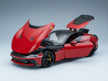 Coche deportivo rojo a escala 1/18 con puertas y capó abiertos, réplica coleccionable disponible en línea.