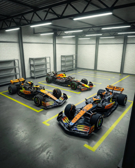 Trois voitures de course de Formule 1 dans un garage propre équipé d'étagères métalliques, disponibles via la plateforme Vroomi.