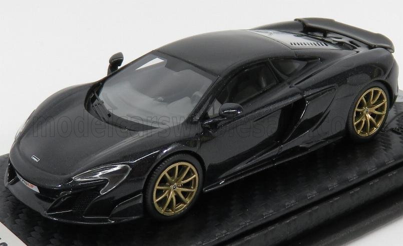 Modèle réduit de McLaren 650S noir avec jantes dorées sur socle d'exposition, disponible via la plateforme Vroomi.