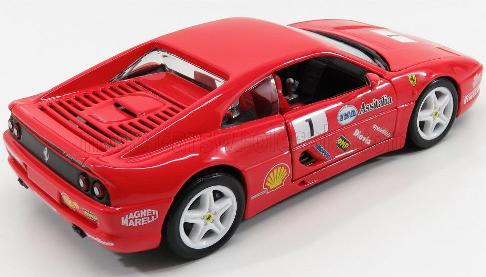 Voiture de course Ferrari rouge avec roues blanches et autocollants des sponsors, disponible dès maintenant sur Vroomi.