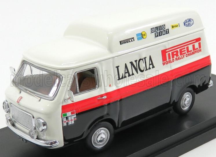 Modèle réduit moulé sous pression d'un van d'assistance de rallye Lancia vintage avec le logo Pirelli, disponible sur Vroomi.