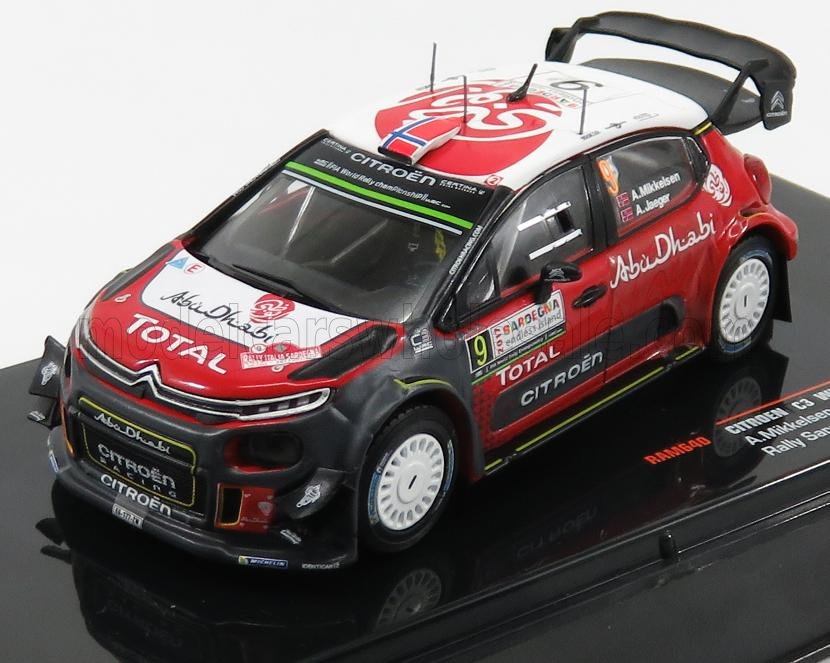 Modèle réduit de voiture de rallye Citroën C3 WRC rouge et noir avec les logos Abu Dhabi et Total, proposé sur Vroomi.