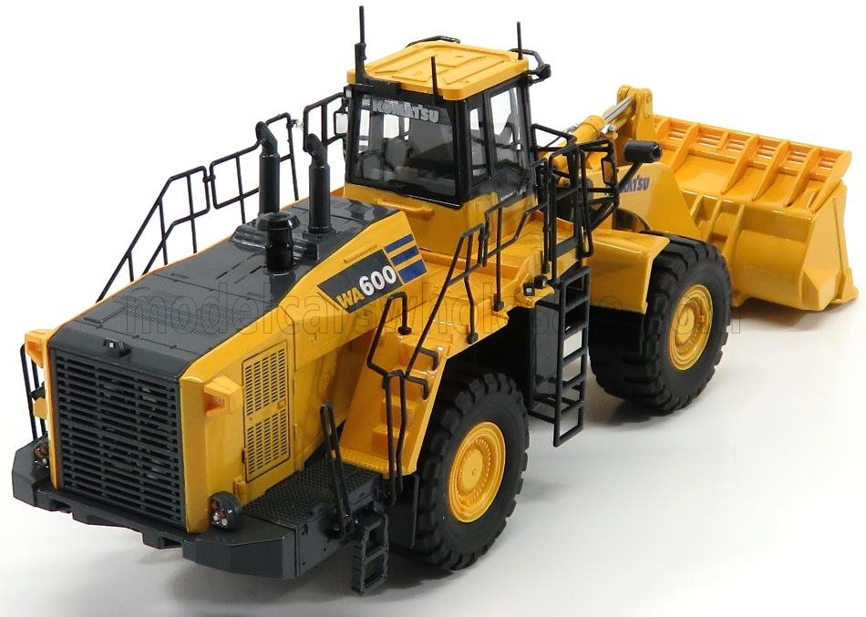 Modèle réduit de chargeuse sur pneus Komatsu WA600 jaune avec cabine détaillée et grand godet, disponible chez Vroomi.