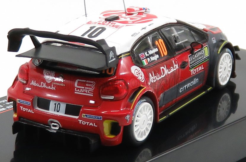 Modèle réduit de voiture de rallye Citroën C3 WRC rouge avec les logos Abu Dhabi et Total, jantes blanches, disponible sur la plateforme Vroomi.