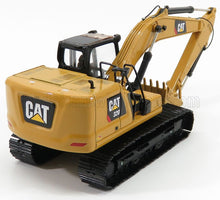 Maquette de la pelle CAT 320 avec châssis jaune détaillé et chenilles noires, disponible sur la plateforme Vroomi.