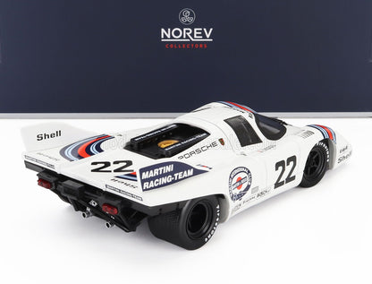 Modèle réduit Porsche Martini Racing blanc avec le numéro 22, décalcomanies détaillées et pneus noirs, disponible sur Vroomi.