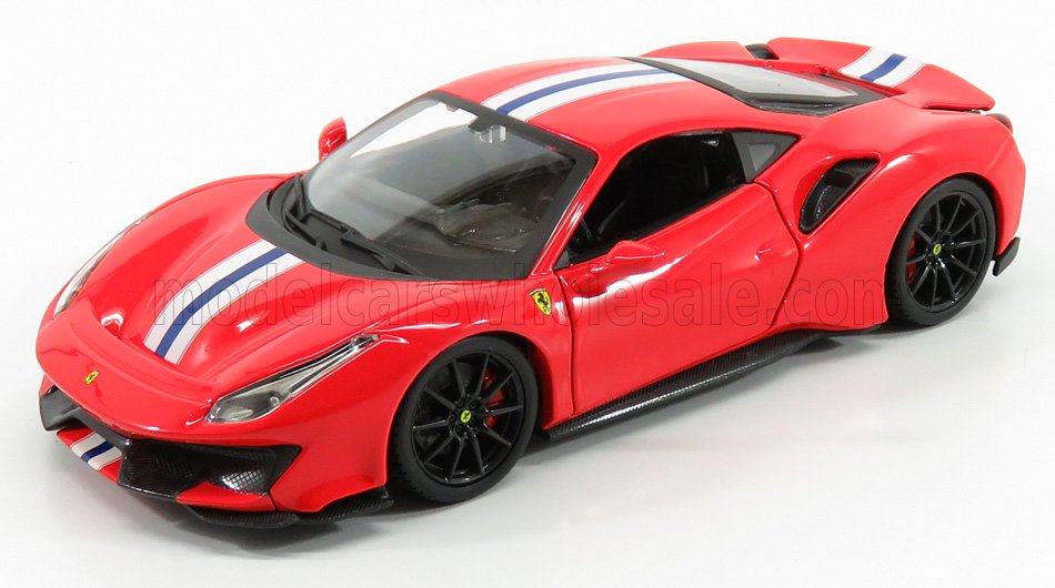 Modèle réduit de voiture de sport Ferrari rouge avec bandes blanches et bleues, roues noires, disponible sur Vroomi.