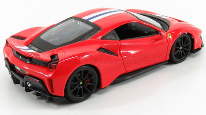 Modèle réduit Ferrari 488 Pista rouge avec jantes noires et bandeau aux couleurs du drapeau italien, désormais disponible via Vroomi.