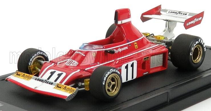 Modèle réduit de voiture de course Formule 1 vintage rouge avec pneus Goodyear, numéro 11, disponible sur la plateforme Vroomi.